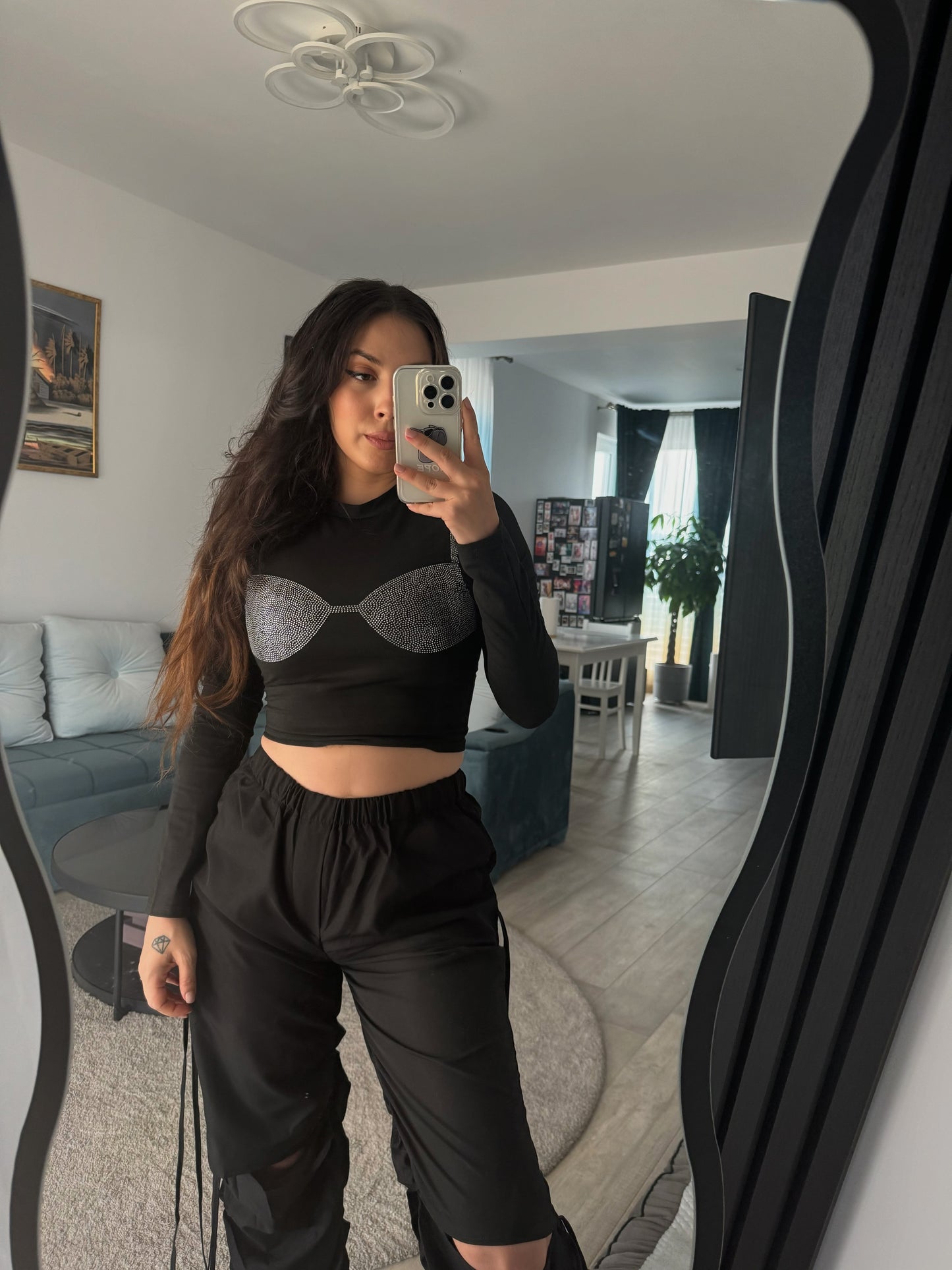 Top negru "Rhinestones Bra" - Crop top negru cu detalii din strasuri