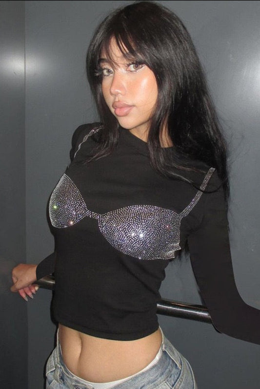 Top negru "Rhinestones Bra" - Crop top negru cu detalii din strasuri