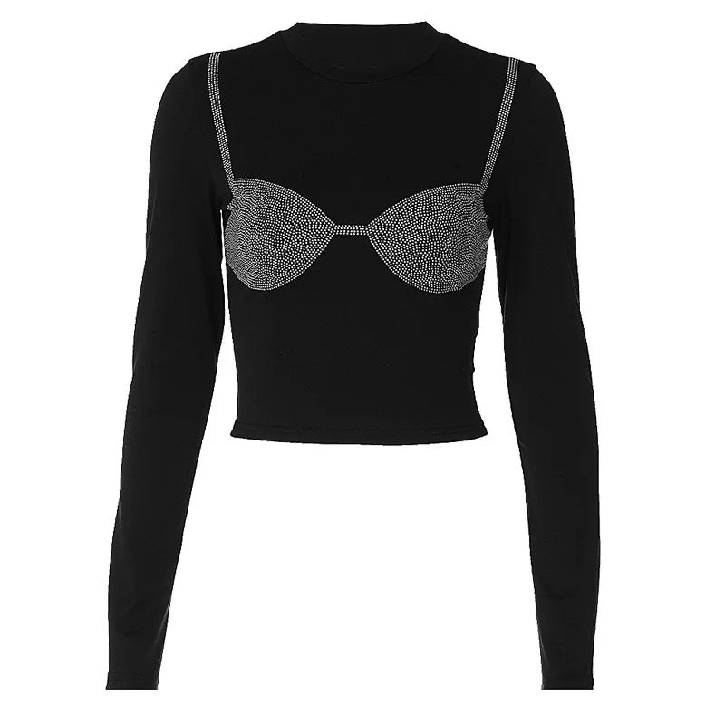 Top negru "Rhinestones Bra" - Crop top negru cu detalii din strasuri