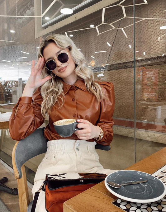 CAMASA 'BROWN LEATHER' - Camasa maro din piele si umeri bufanti