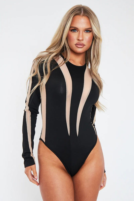 Body 'Black & Nude' - Body dama negru cu detalii plasa fina transparenta