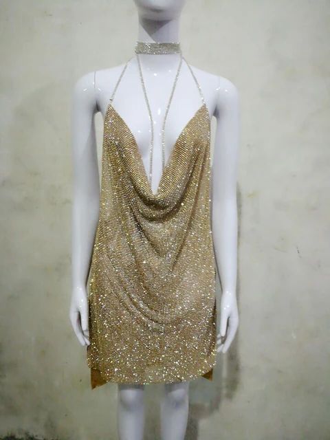 ROCHIE 'BAD N BOUJEE' Gold - Rochie stralucitoare din strasuri aurii cu spatele gol