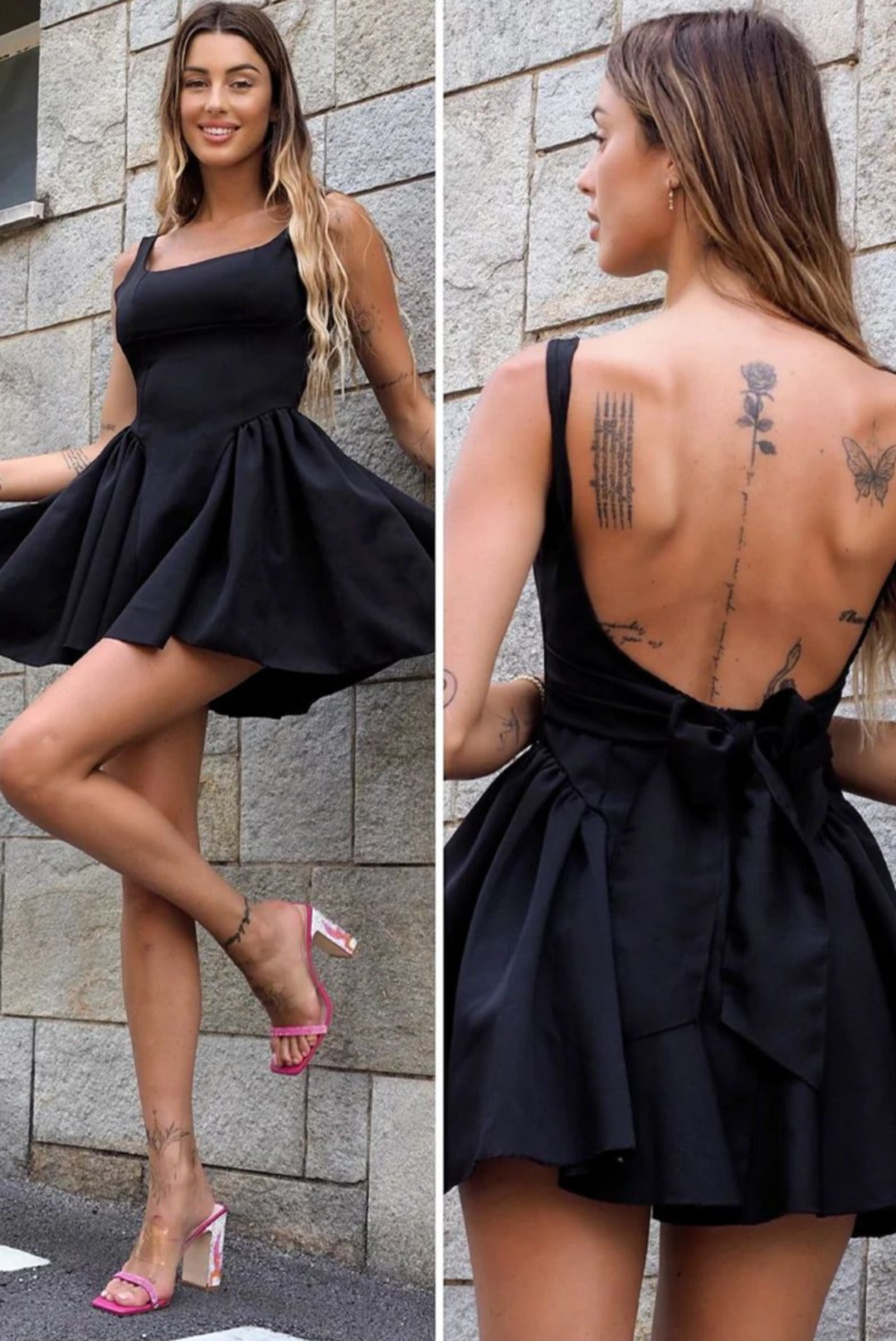 Rochie Neagra 'Cute Angel' - Rochie scurta de ocazie neagra cu spatele gol si detaliu cu fundita