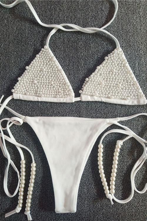 Costum de baie 'White Pearls' alb din doua piese cu perle aplicate si slip brazilian