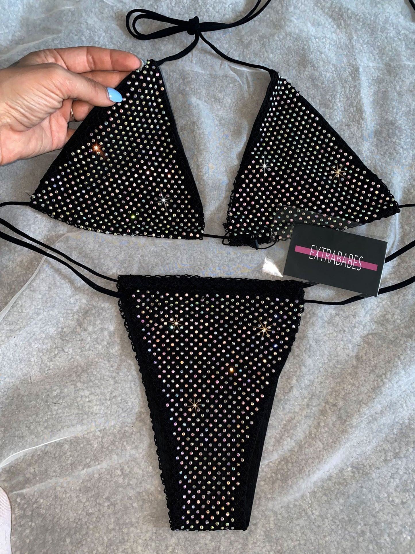 Costum de baie ‘Rhinestones Overloaded’ - Costum de baie negru doua piese cu pietre stralucitoare