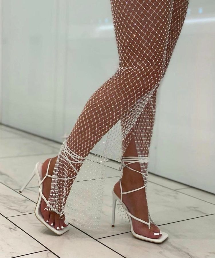 PANTALONI 'WHITE DIAMOND' - Pantaloni dres plasa alba cu pietre stralucitoare