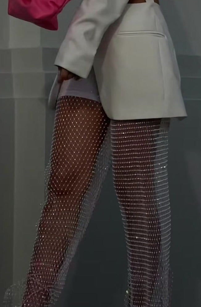 PANTALONI 'WHITE DIAMOND' - Pantaloni dres plasa alba cu pietre stralucitoare