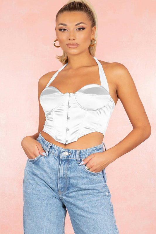 CORSET 'SEDUCTIVE WHITE' - Corset top alb satinat cu spatele gol