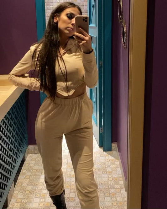 TRENING 'BEIGE DIVA' - Trening dama din 2 piese cu bluza tip corset+pantaloni