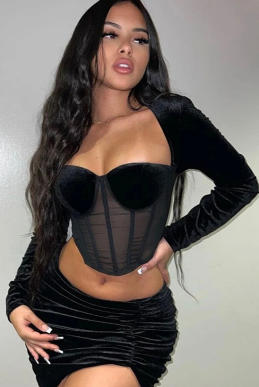 Compleu 'Rosalia' - Compleu dama catifea corset top cu maneca lunga si fusta mini