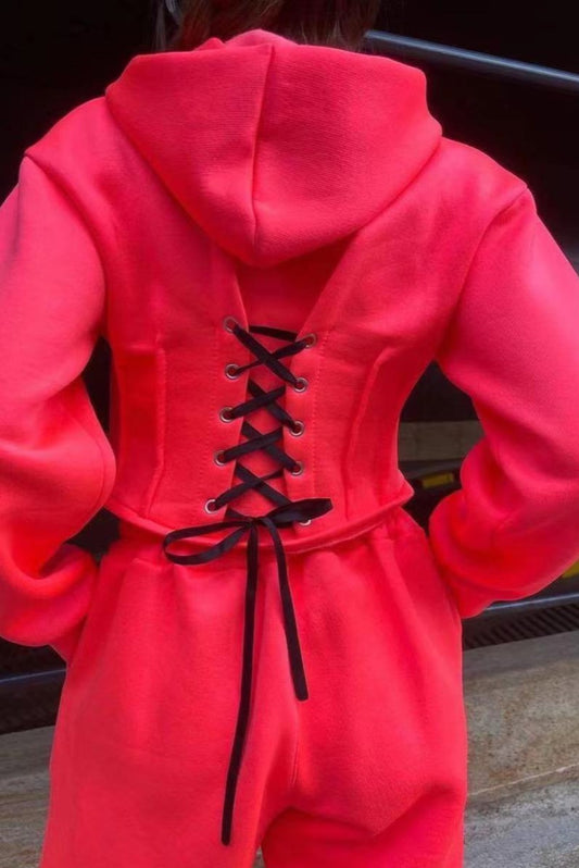 Trening 'Corset' Rosu - Trening dama din 2 piese cu hanorac tip corset+pantaloni sport