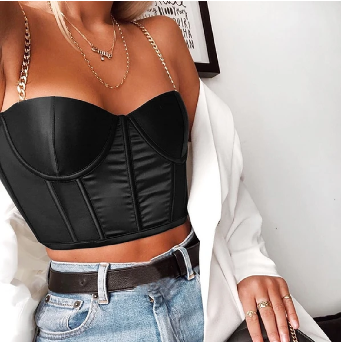 CORSET 'BABY CHAIN' - Corset top negru cu bretele din lant