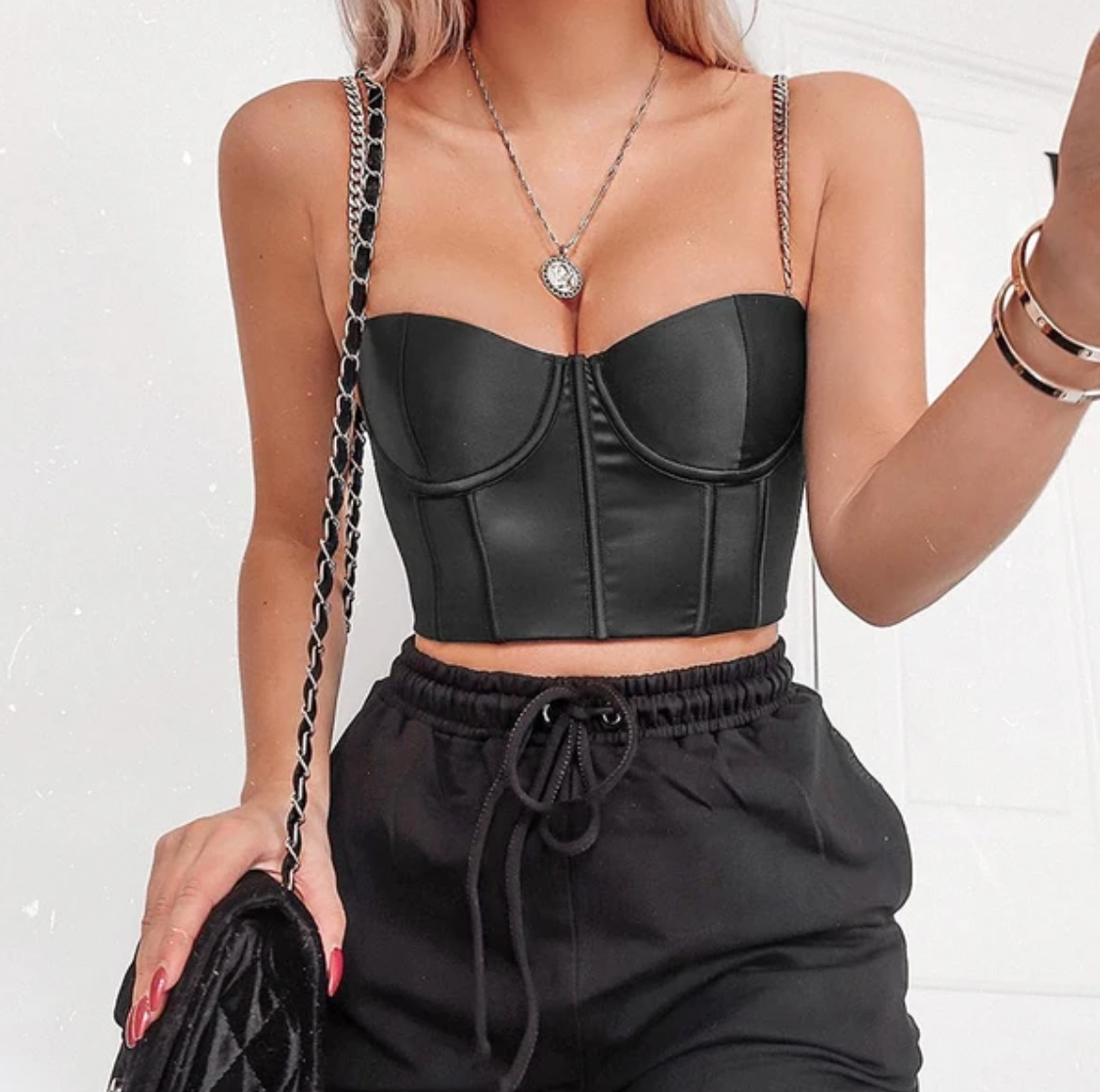 CORSET 'BABY CHAIN' - Corset top negru cu bretele din lant