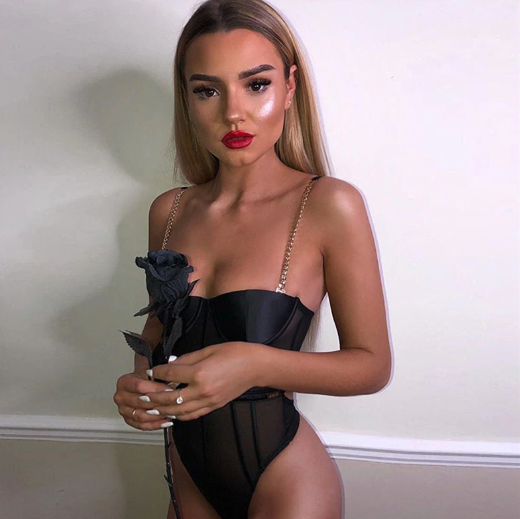 Body 'Baby Chain' - Body dama negru din plasa fina cu bretele din lant