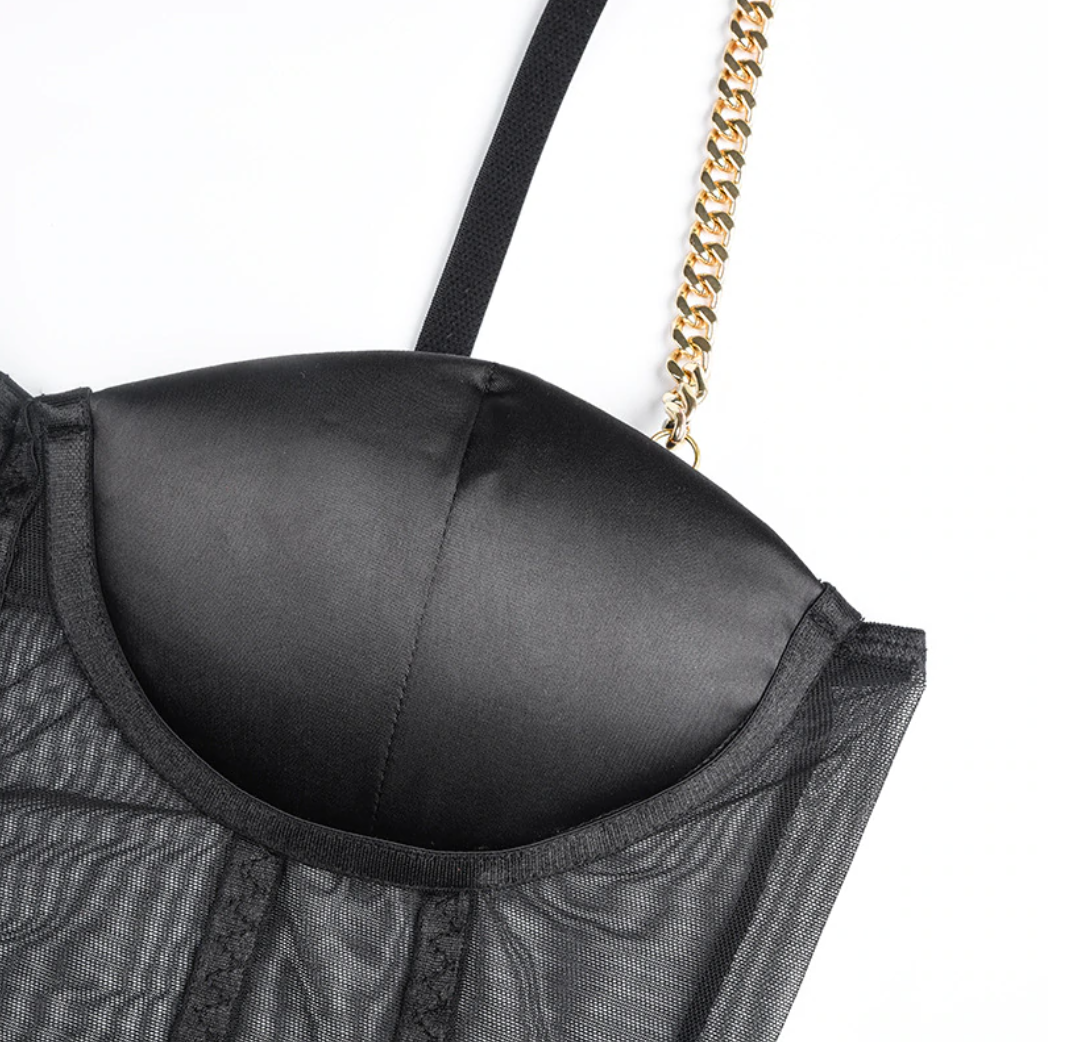 Body 'Baby Chain' - Body dama negru din plasa fina cu bretele din lant