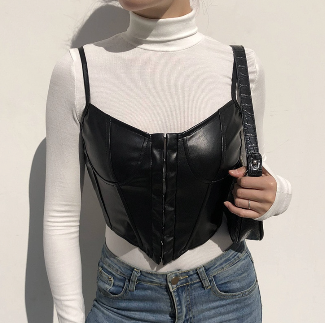 CORSET 'LEATHER QUEEN' - Corset top negru din piele cu inchidere in fata