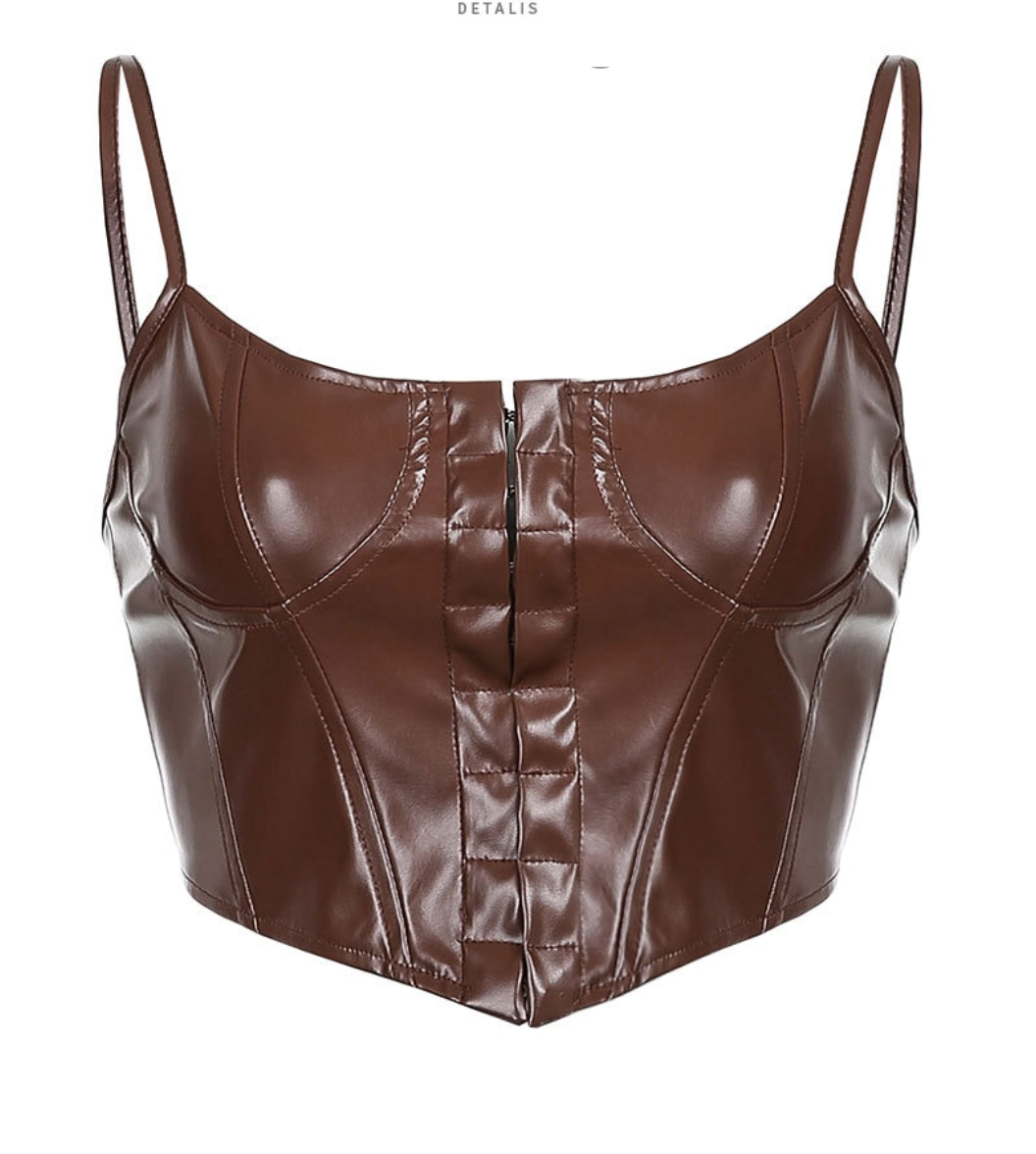CORSET 'LEATHER QUEEN' BROWN - Corset top maro din piele cu inchidere in fata