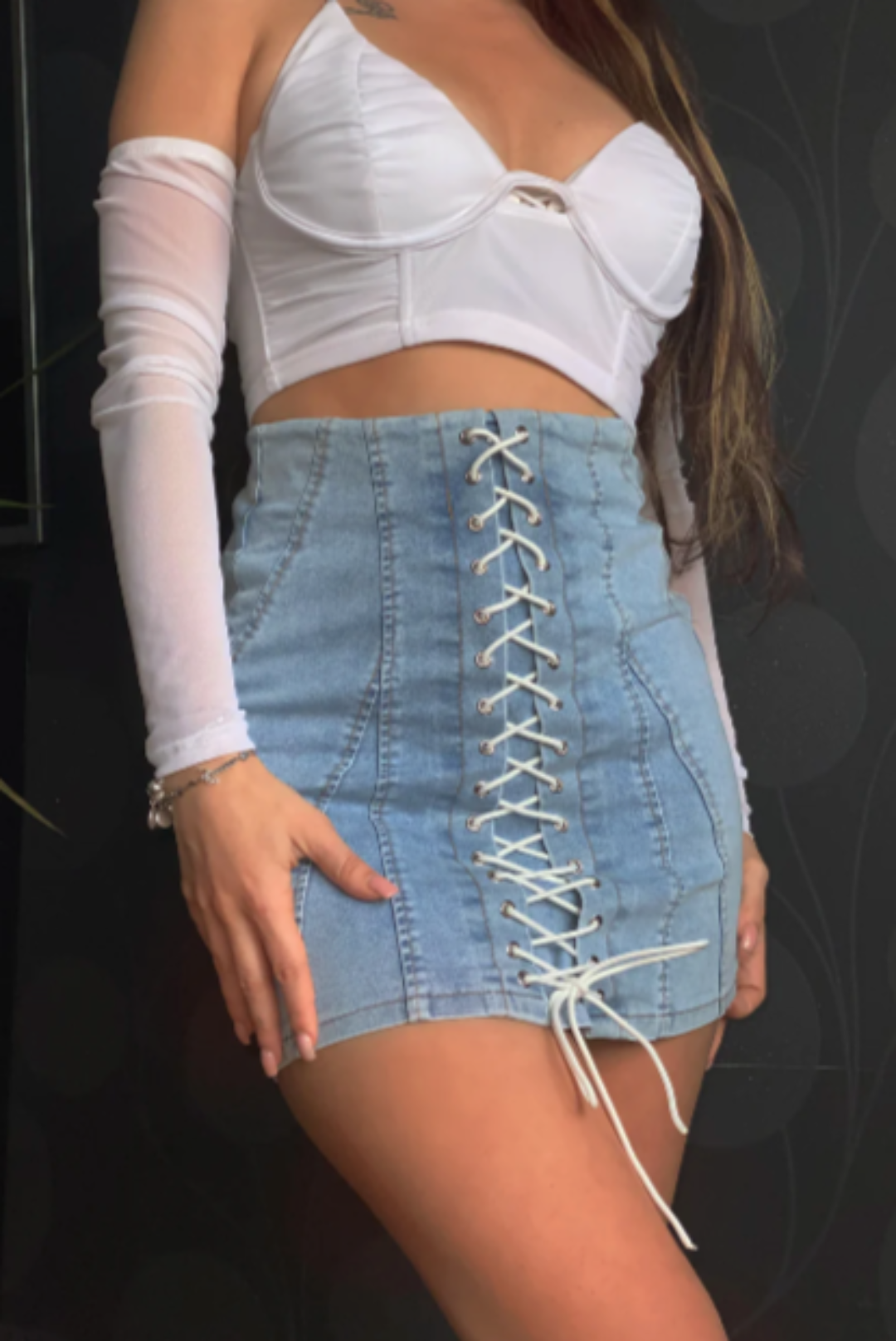 Fusta 'DENIM LACE' din blug si detalii din snur