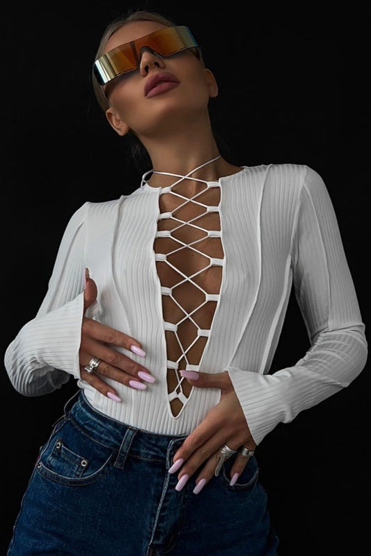 Body 'Juliet' Alb - Body dama cu maneca lunga decupat cu snururi alb