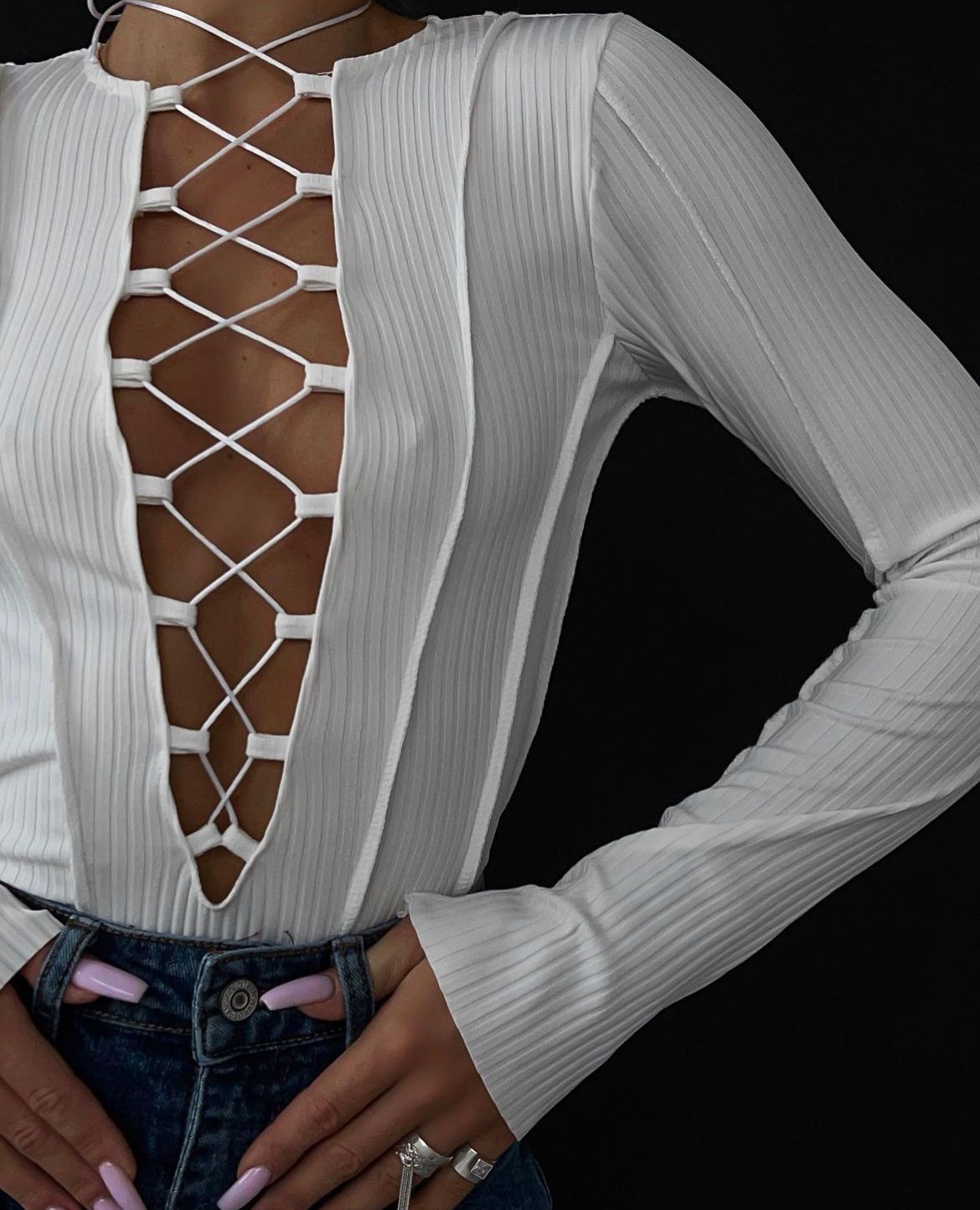Body 'Juliet' Alb - Body dama cu maneca lunga decupat cu snururi alb