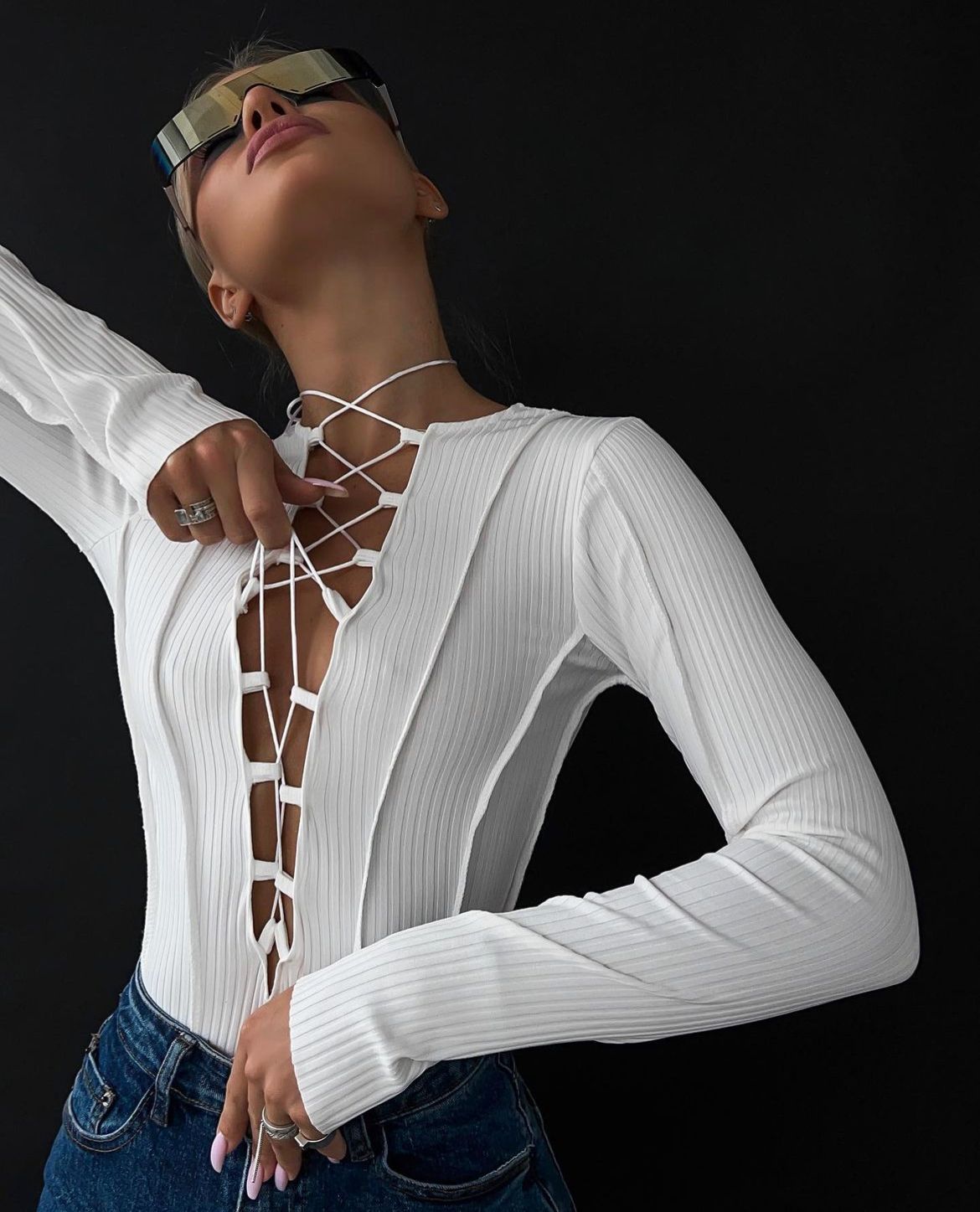 Body 'Juliet' Alb - Body dama cu maneca lunga decupat cu snururi alb