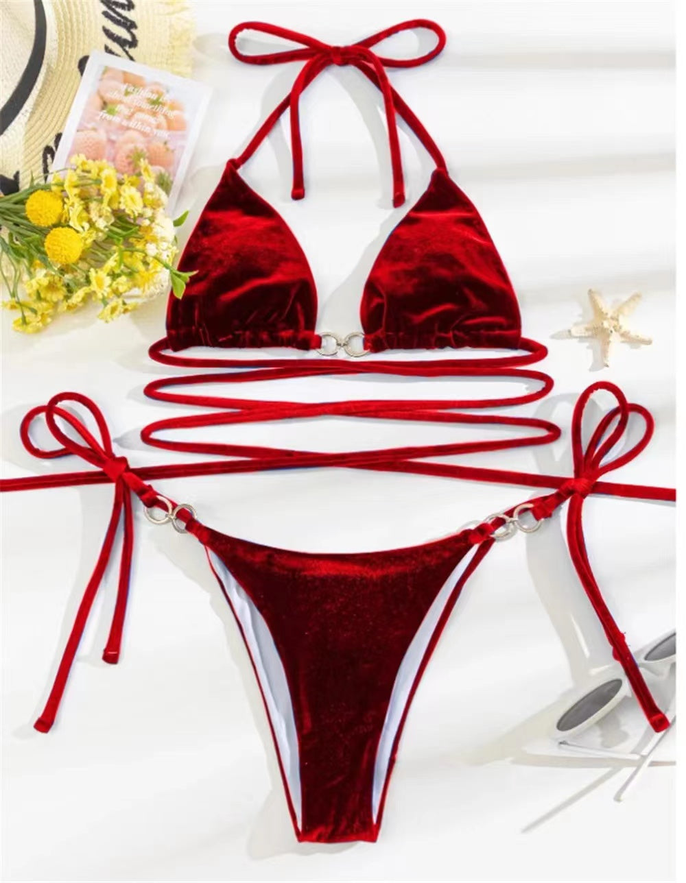 Costum de baie doua piese "Red Velvet Lace" din catifea, ajustabil