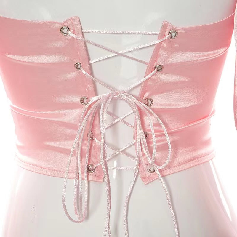 CORSET 'BEAUTY' PINK - Corset roz cu aspect satinat si maneci bufante
