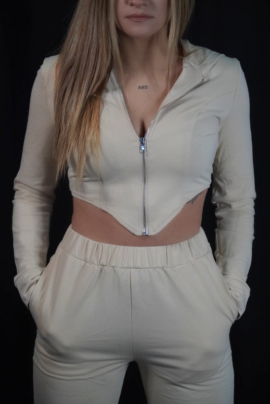 TRENING 'BEIGE DIVA' - Trening dama din 2 piese cu bluza tip corset+pantaloni