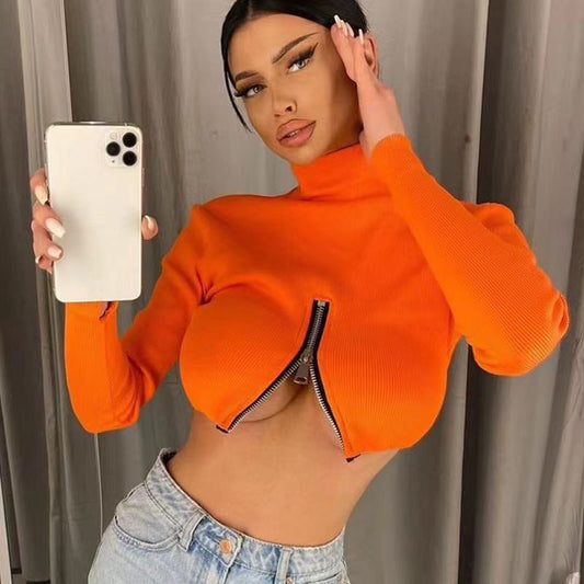 TOP 'ORANGE B' - Crop top portocaliu cu fermoar in fata