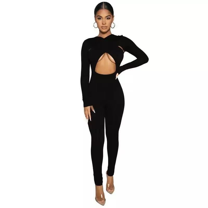 SALOPETA 'CUT OUT' BLACK - Salopeta dama, casual, lunga cu decupaj, neagra