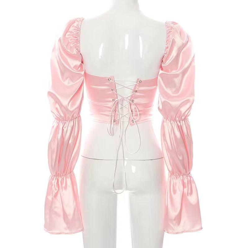 CORSET 'BEAUTY' PINK - Corset roz cu aspect satinat si maneci bufante