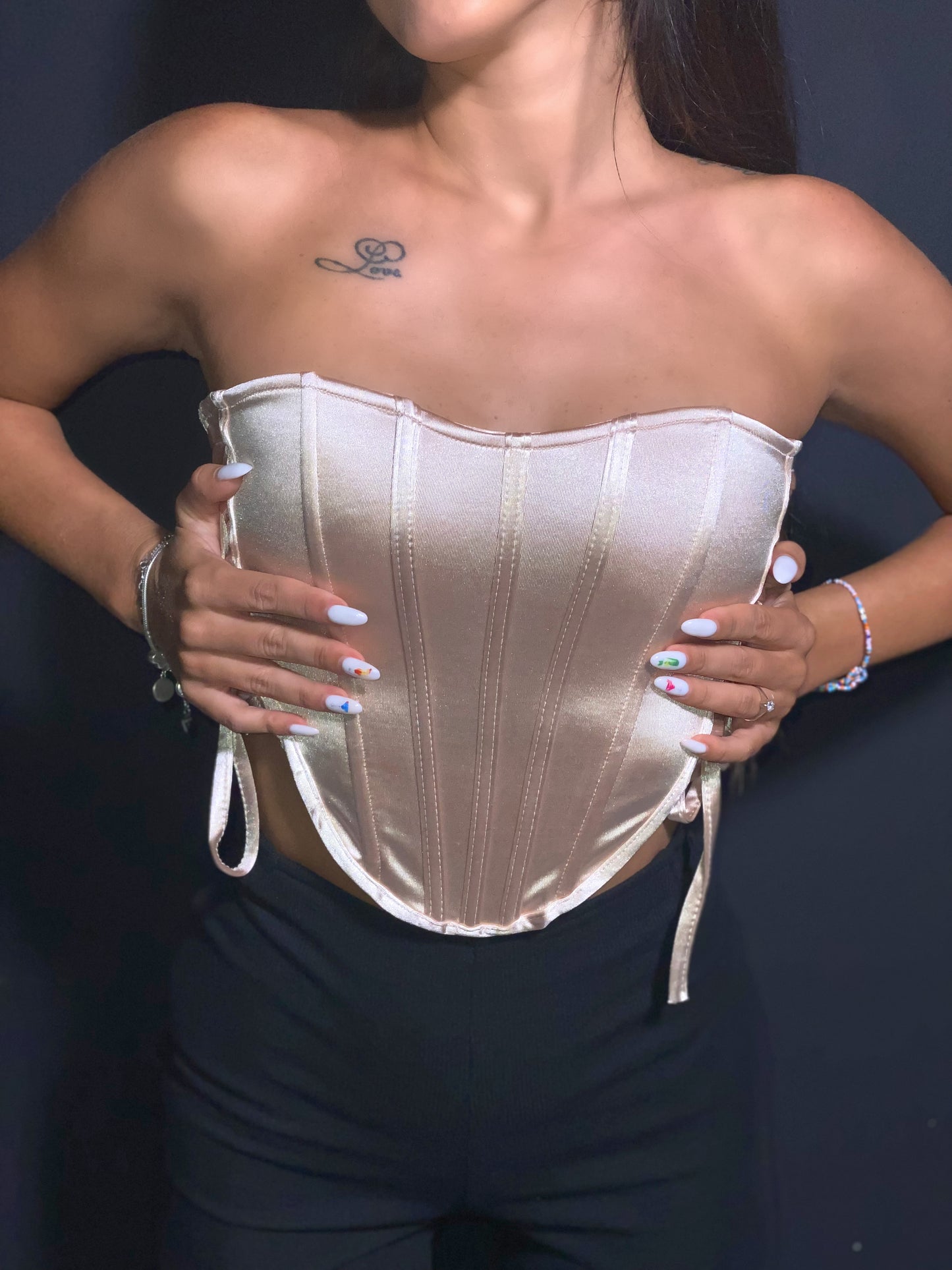Corset 'Honey B' Beige - Corset top satinat cu snururi bej