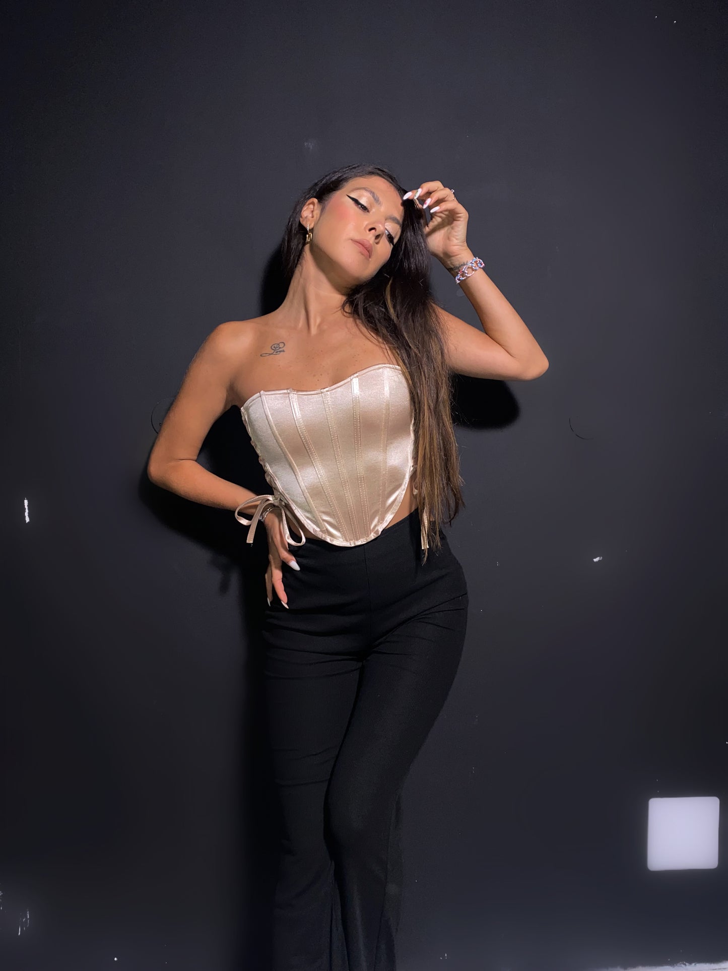 Corset 'Honey B' Beige - Corset top satinat cu snururi bej