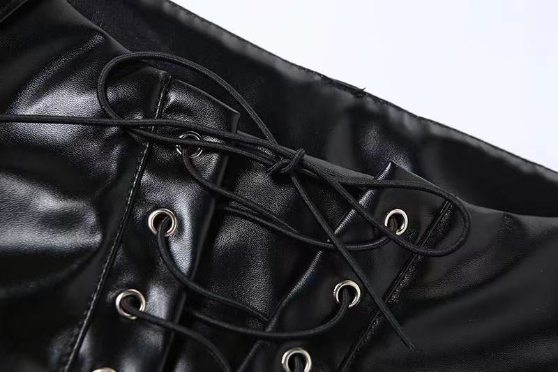 PANTALONI 'BLACK LACE'- Pantaloni piele neagra drepti cu taieturi si snururi