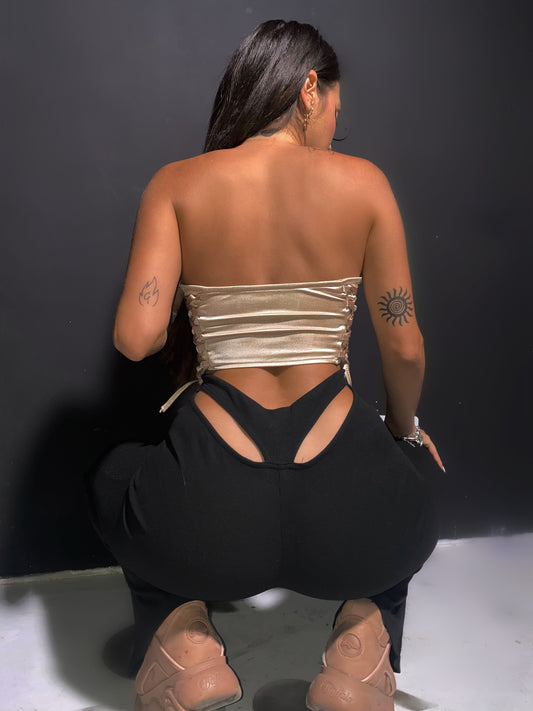 Corset 'Honey B' Beige - Corset top satinat cu snururi bej