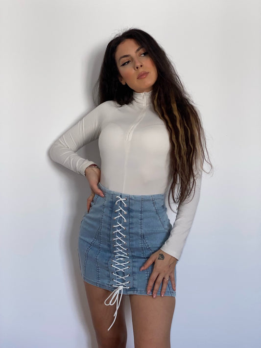 Fusta 'DENIM LACE' din blug si detalii din snur