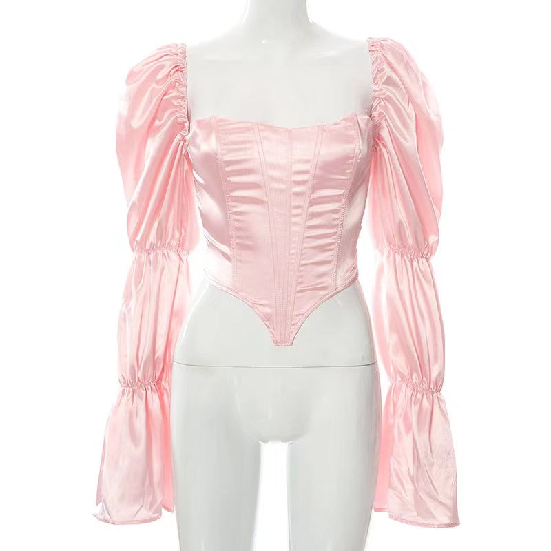CORSET 'BEAUTY' PINK - Corset roz cu aspect satinat si maneci bufante