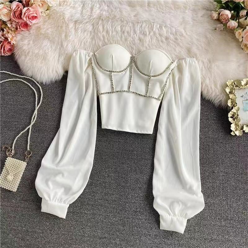 CORSET 'BRIDAL VIBE' WHITE - Corset top alb din sifon cu detalii din pietre