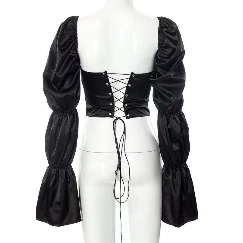 CORSET 'BEAUTY' BLACK - Corset negru aspect satinat cu maneci bufante
