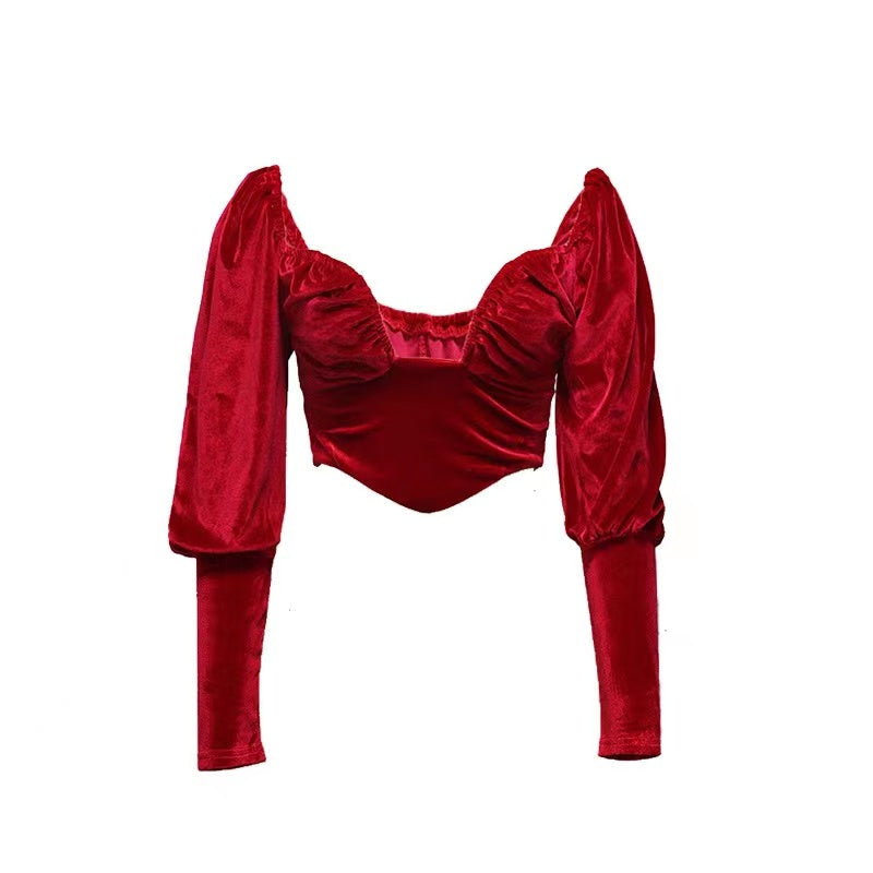 CORSET "RED VELVET" - Corset top rosu cu decolteu adanc din catifea
