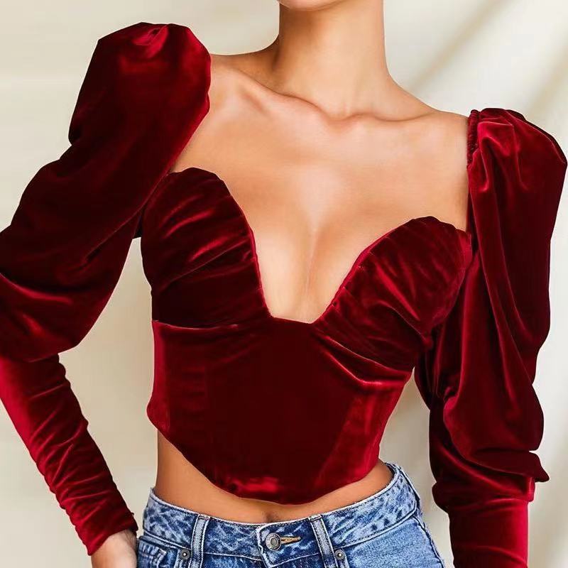 CORSET "RED VELVET" - Corset top rosu cu decolteu adanc din catifea