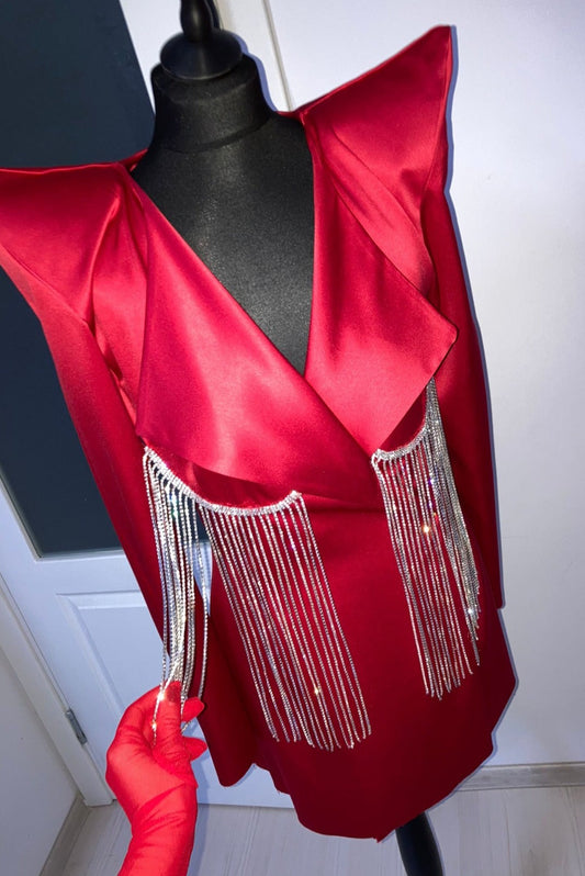 Sacou Rosu 'Sparkle Up' -Sacou cu strasuri si umeri supradimensionati