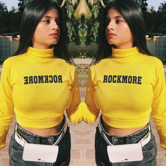'ROCKMORE YELLOW' TOP - Maleta crop galbena cu maneca lunga si mesaj