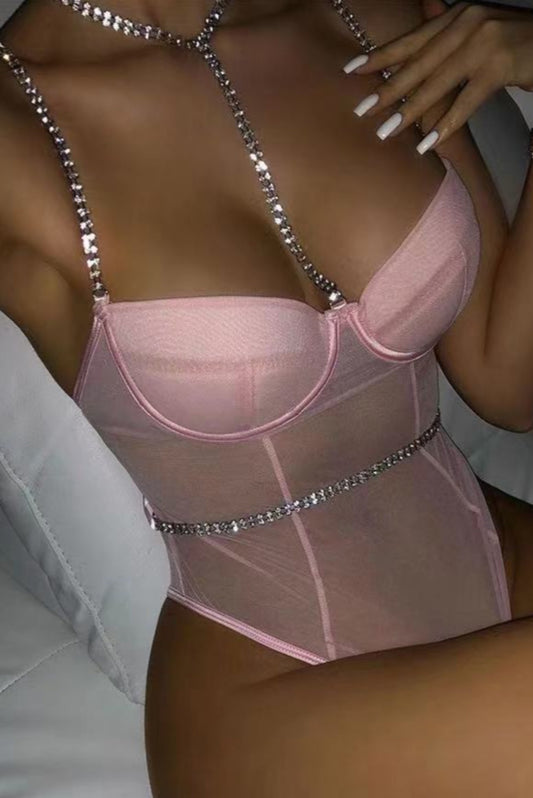 BODYSUIT 'BODYCHAIN' PINK - Body dama plasa roz cu bretele din pietre