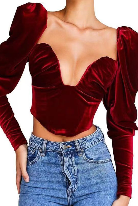 CORSET "RED VELVET" - Corset top rosu cu decolteu adanc din  catifea