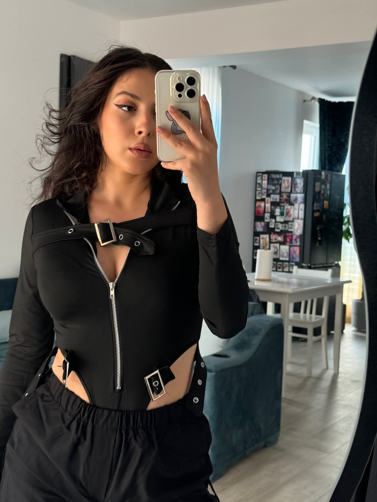 Body negru cu fermoar ‘Slim Fit’