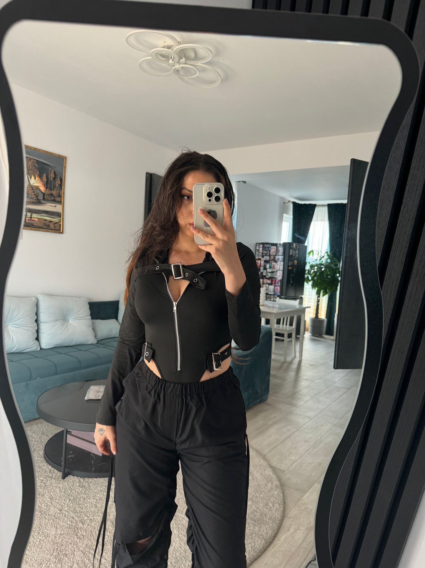 Body negru cu fermoar ‘Slim Fit’