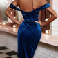 ROCHIE 'BLUE DREAM' - Rochie din catifea cu umeri cazuti