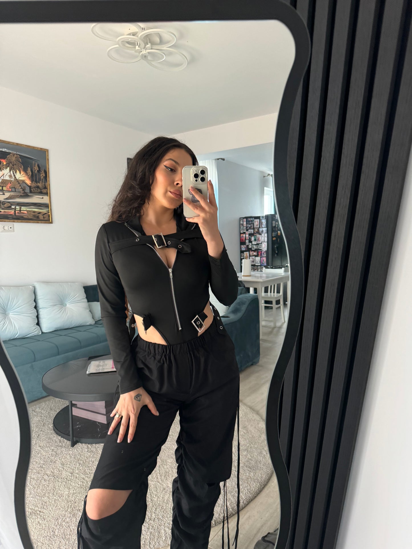 Body negru cu fermoar ‘Slim Fit’
