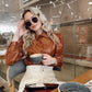 CAMASA 'BROWN LEATHER' - Camasa maro din piele si umeri bufanti
